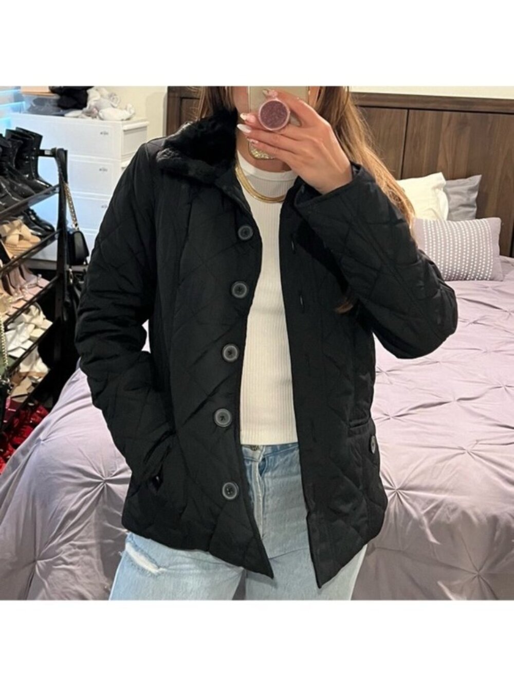 Tommy Hilfiger Black Puffer Quilted Jacket Faux Fur Collar Size Medium
